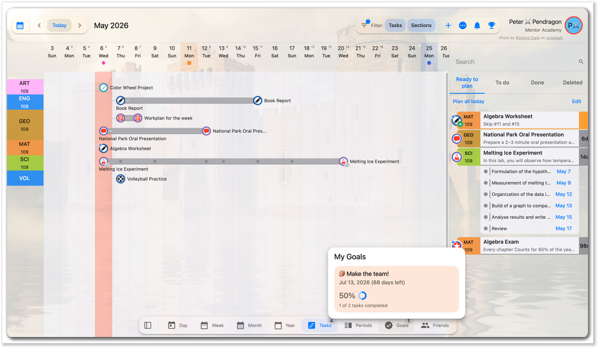 Studyo Tasks view showing school and student-created work
